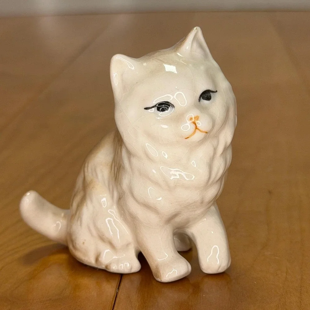 Vintage Ceramic Cat Figurine Miniature Persian Longhair Glossy Glaze Brown White
